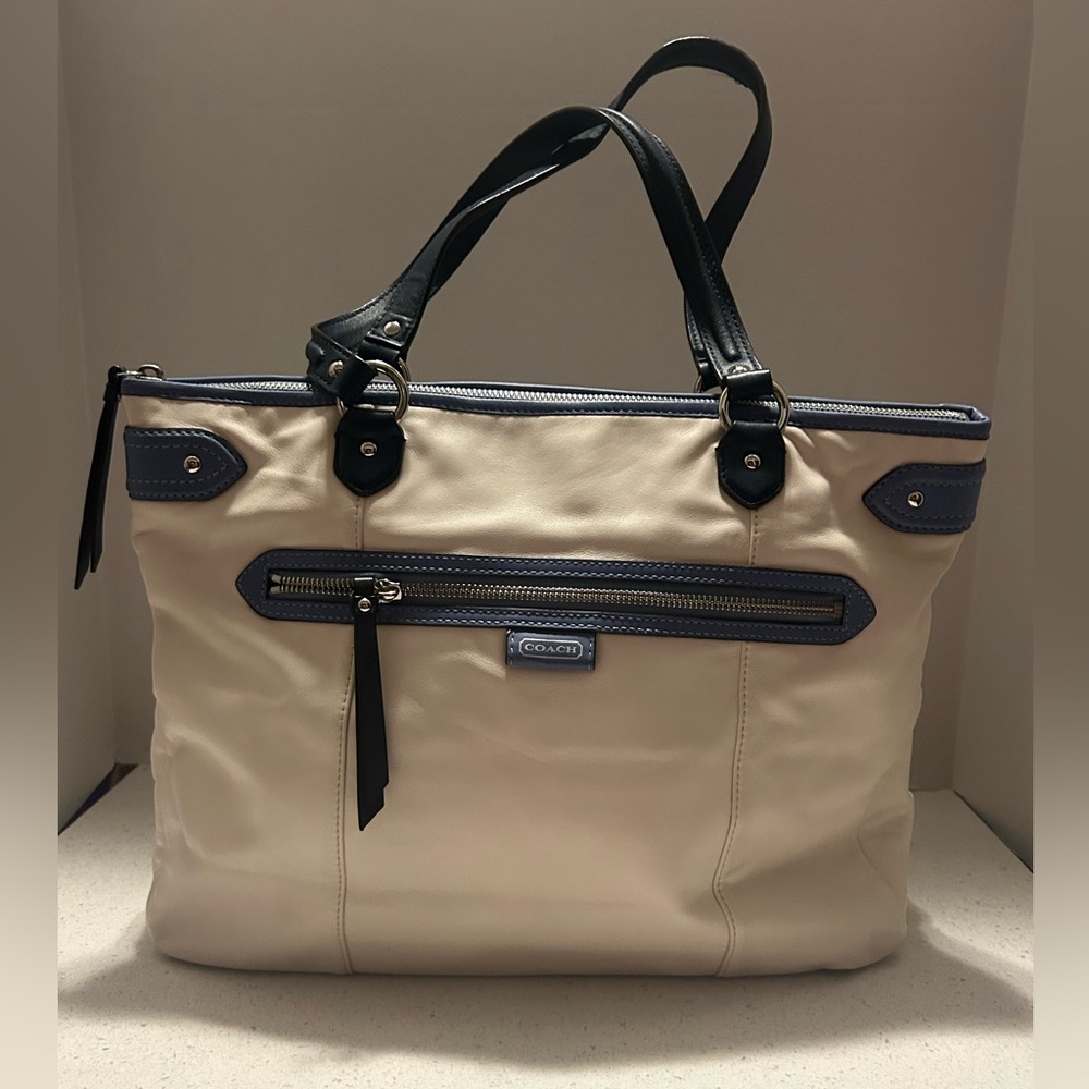 Coach Tote Bag in Cream and Navy w/ Lighter Blue Trim